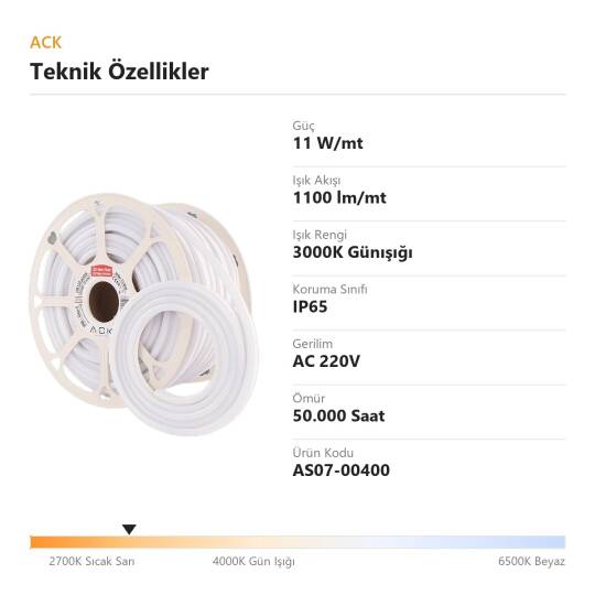 ACK 11W/mt 3000K Günışığı 1100 lm/mt 7x13mm 220V LED Neon Hortum (50mt Rulo) AS07-00400 - 4