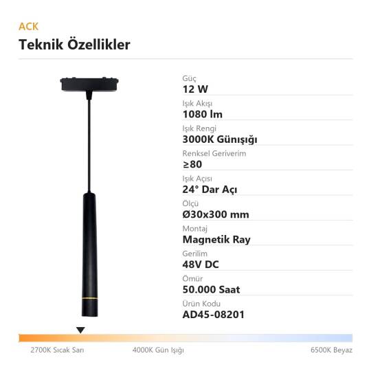 ACK 12W 3000K Günışığı 48V Magnetik Ray Armatürü İnce Çubuk (Boru) Sarkıt AD45-08201 - 4