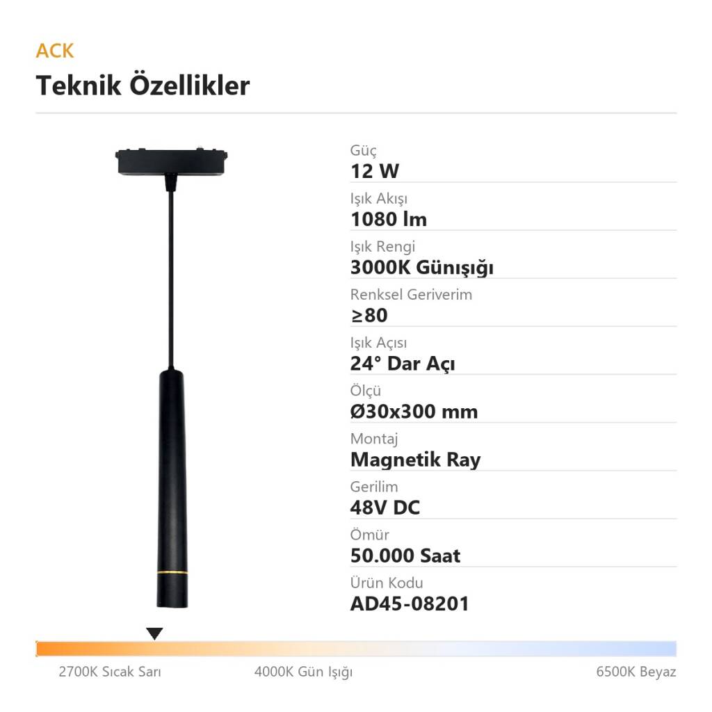 ACK 12W 3000K Günışığı 48V Magnetik Ray Armatürü İnce Çubuk (Boru) Sarkıt AD45-08201 - 4