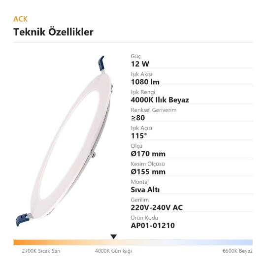 ACK 12W 4000K Ilık Beyaz 1080lm Sıva Altı Yuvarlak Led Panel (Ø170 mm Beyaz Kasa) AP01-01210 - 4