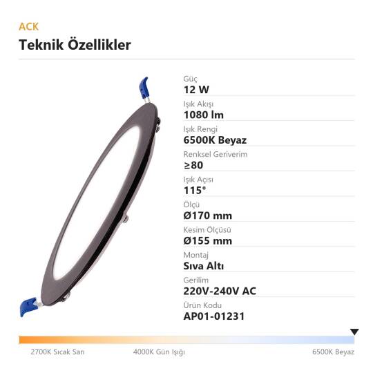 ACK 12W 6500K Beyaz 1080lm Sıva Altı Yuvarlak Led Panel (Ø170 mm Siyah Kasa) AP01-01231 - 4