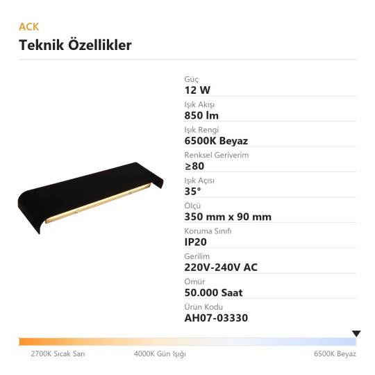 ACK 12W 6500K Beyaz 850 lm LED Duvar/Tavan Apliği (Beyaz) AH07-03330 - 4