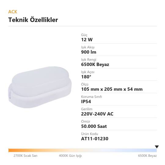 ACK 12W 6500K Beyaz 900 lm Kare LED Bulkhead Armatür AT11-01230 - 4