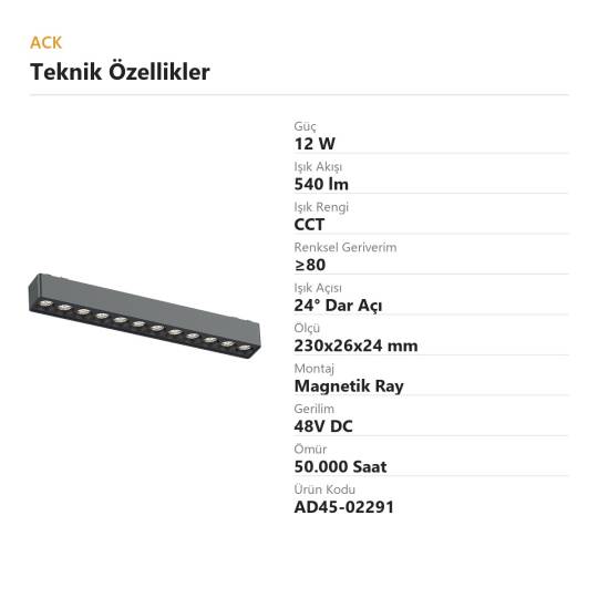 ACK 12W CCT (3 Renk) 48V Magnetik Ray Armatürü Çoklu Dot (Izgara) Siyah Kasa AD45-02291 - 4