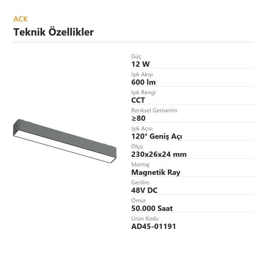ACK 12W CCT (3 Renk) 48V Magnetik Ray Armatürü Düz (Lineer) Siyah Kasa AD45-01191 - 4