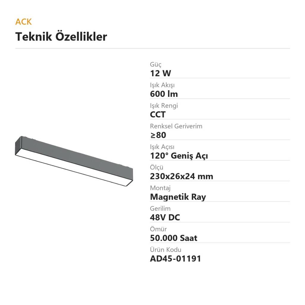 ACK 12W CCT (3 Renk) 48V Magnetik Ray Armatürü Düz (Lineer) Siyah Kasa AD45-01191 - 4