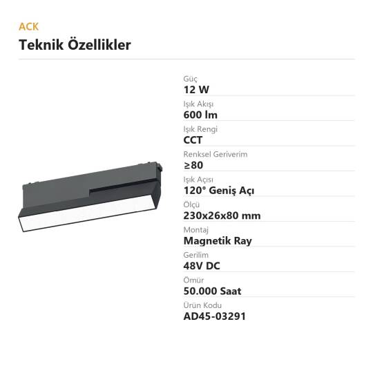 ACK 12W CCT (3 Renk) 48V Magnetik Ray Armatürü Hareketli Açılı Düz Siyah Kasa AD45-03291 - 4