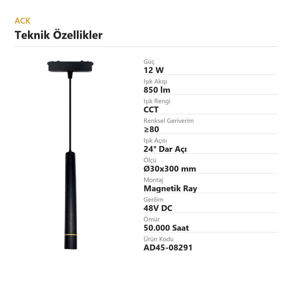 ACK 12W CCT (3 Renk) 48V Magnetik Ray Armatürü İnce Çubuk (Boru) Sarkıt AD45-08291 - 4