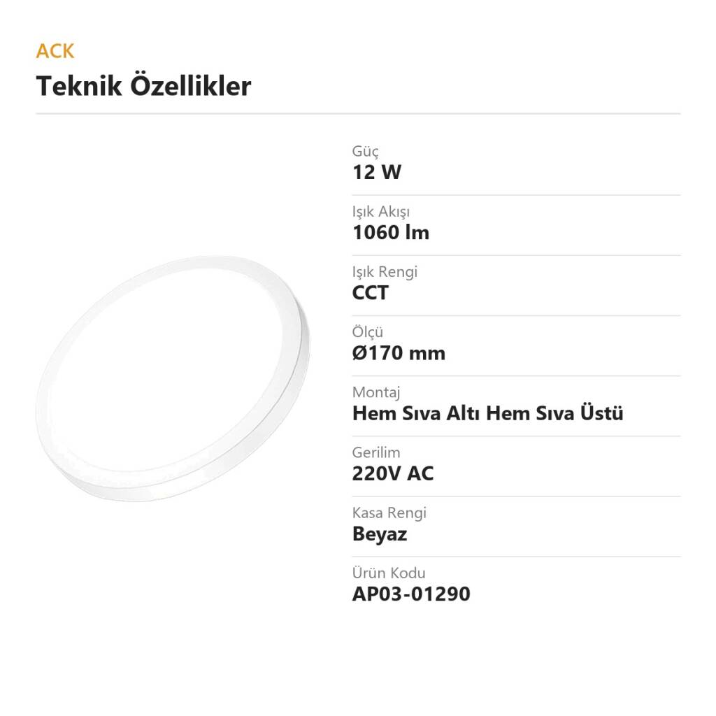 ACK 12W CCT Renk Ayarlı Yuvarlak Led Panel (Ø170 mm Beyaz Kasa) AP03-01290 - 4