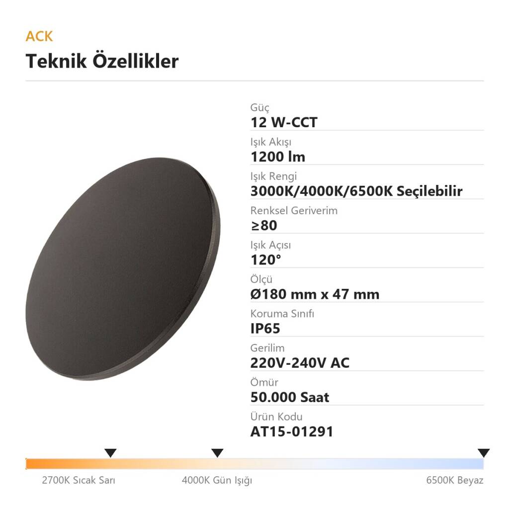 ACK 12W-CCT Seçilebilir Renk Sıcaklıklı 1200 lm Ambiyans LED Duvar Apliği (Siyah) AT15-01291 - 4