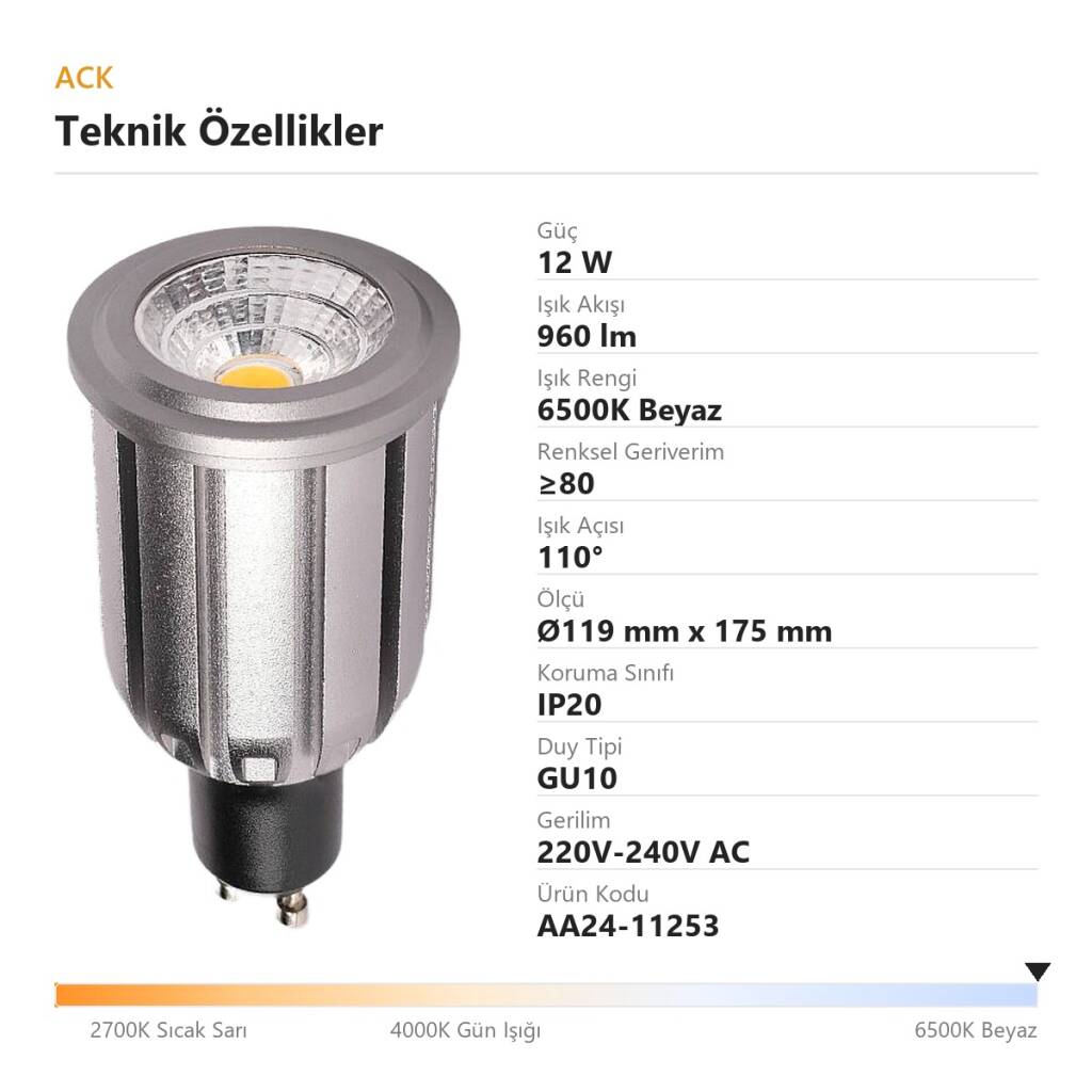 ACK 12W GU10 Reflektörlü GU10 6500K Beyaz 960 lm LED Ampul AA24-11253 - 4