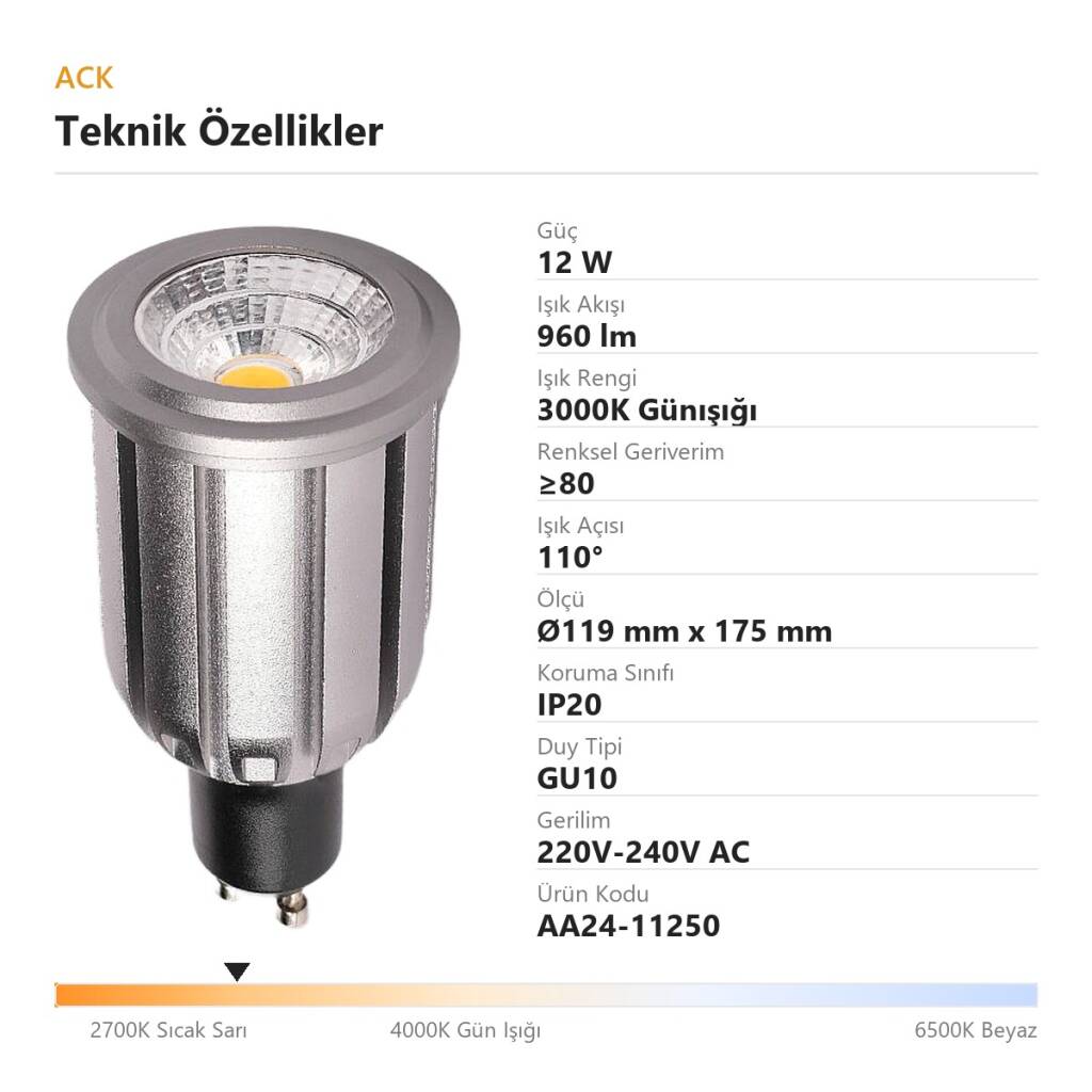 ACK 12W GU10 Reflektörlü GU10 3000K Günışığı 960 lm LED Ampul AA24-11250 - 4