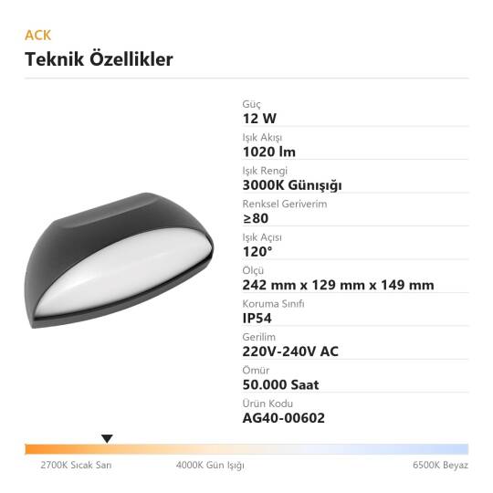 ACK 12W 3000K Günışığı 1020 lm Pirus Alüminyum Duvar Apliği (Pirus B) AG40-00602 - 4