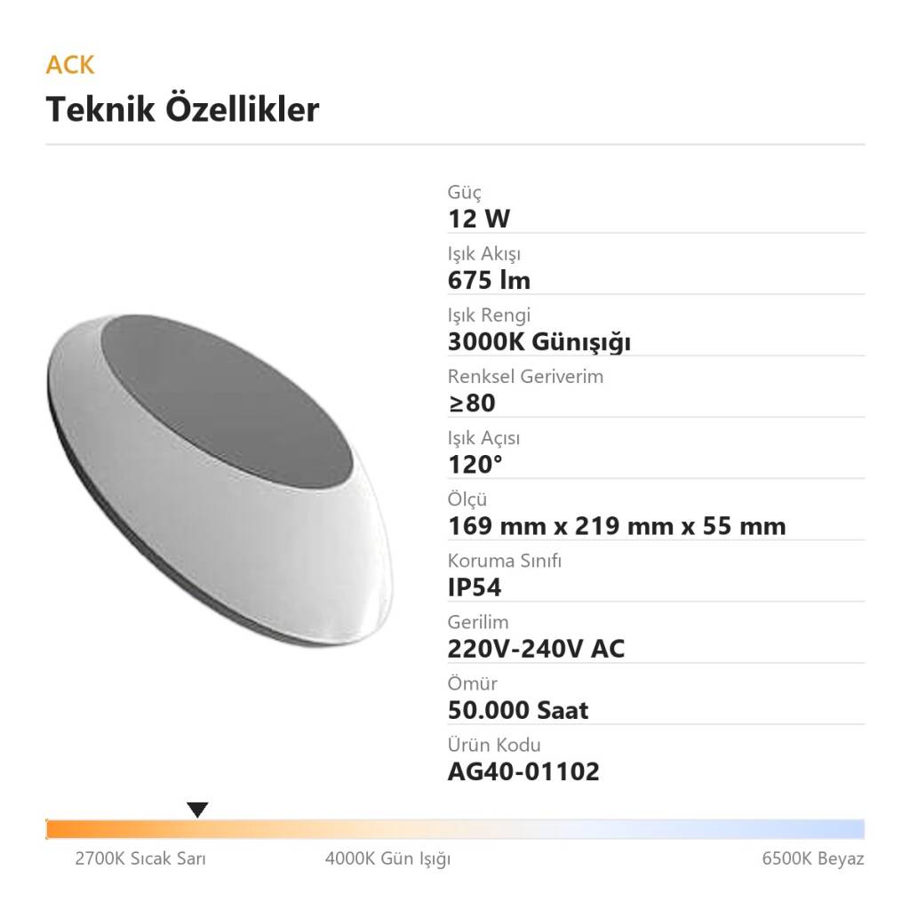 ACK 12W 3000K Günışığı 675 lm Norma Alüminyum Duvar Apliği (Norma E) AG40-01102 - 4