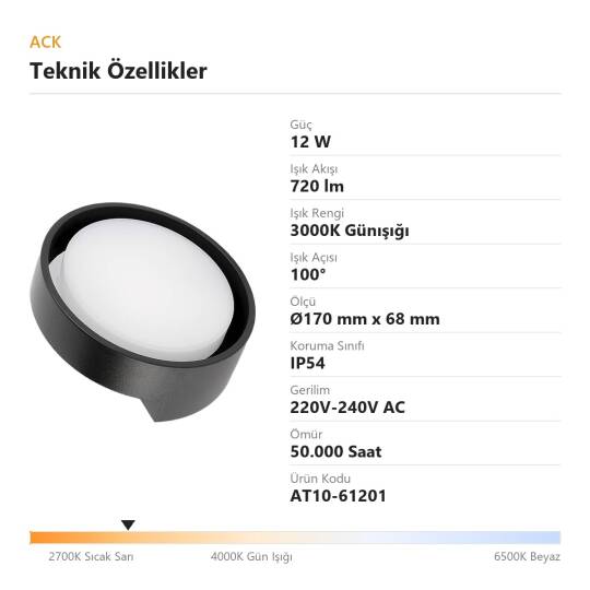 ACK 12W 3000K Günışığı 720 lm Yuvarlak LED Bulkhead Armatür AT10-61201 - 4
