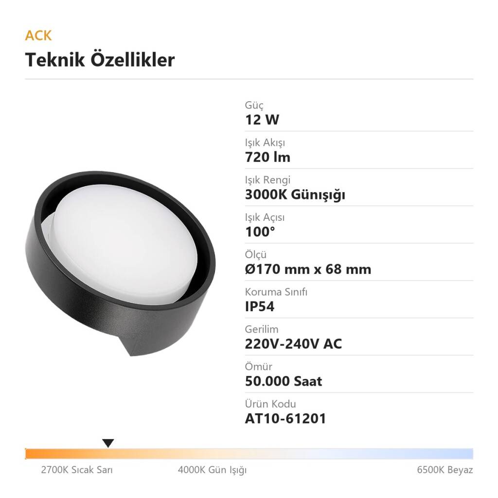ACK 12W 3000K Günışığı 720 lm Yuvarlak LED Bulkhead Armatür AT10-61201 - 4