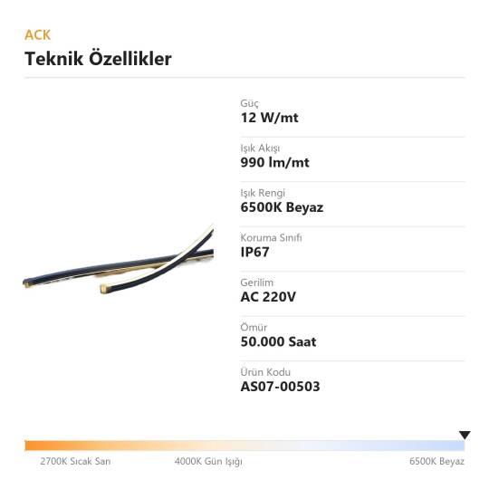 ACK 12W/mt 6500K Beyaz 990 lm/mt 220V Bükülemez LED Neon Hortum (50mt Rulo) AS07-00503 - 4