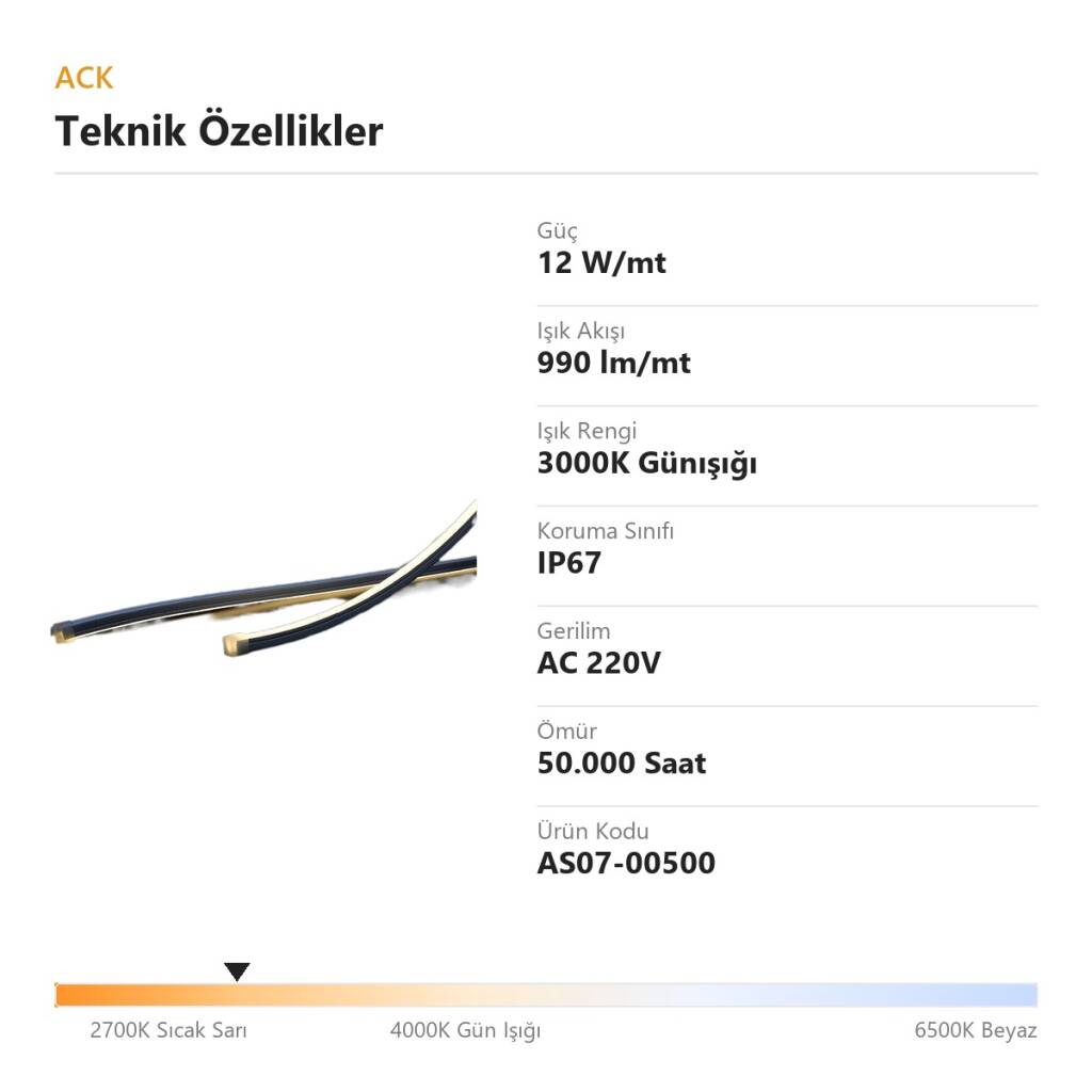 ACK 12W/mt 3000K Günışığı 990 lm/mt 220V Bükülemez LED Neon Hortum (50mt Rulo) AS07-00500 - 4