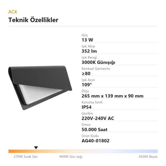 ACK 13W 3000K Günışığı 352 lm Norma Alüminyum Duvar Apliği (Norma B) AG40-01802 - 4
