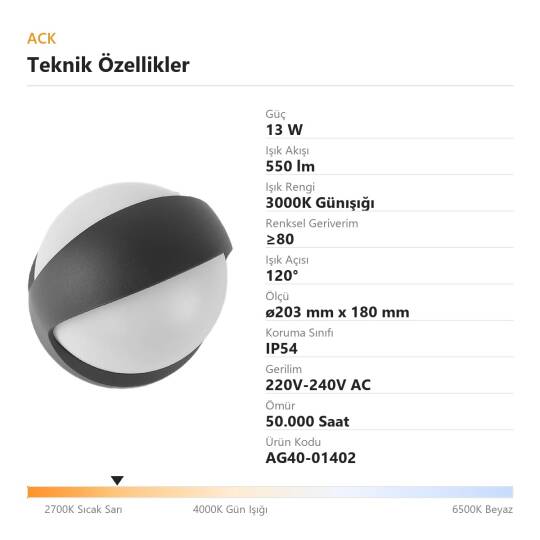 ACK 13W 3000K Günışığı 550 lm Norma Alüminyum Duvar Apliği (Norma B) AG40-01402 - 4