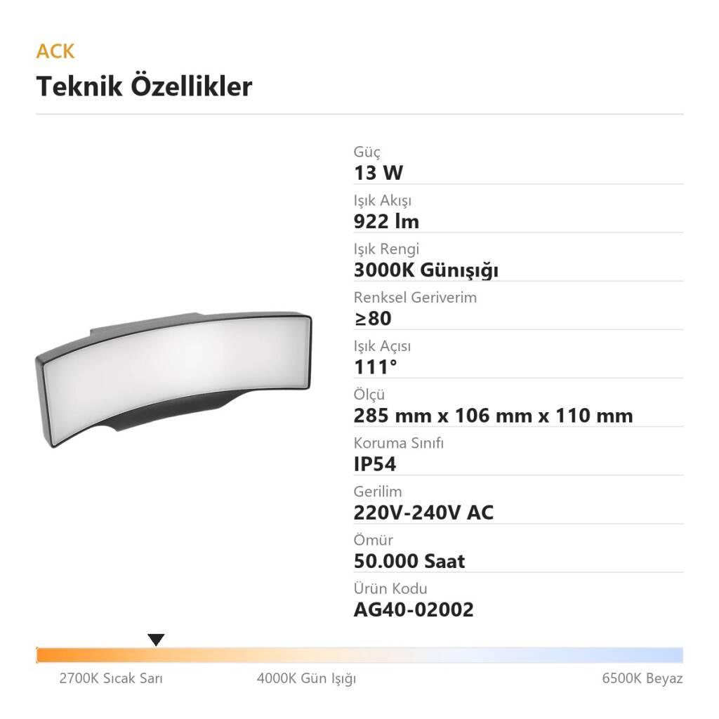 ACK 13W 3000K Günışığı 922 lm Norma Alüminyum Duvar Apliği (Norma D) AG40-02002 - 4