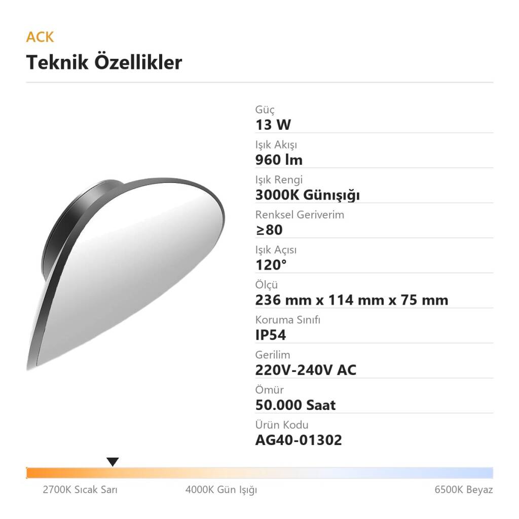 ACK 13W 3000K Günışığı 960 lm Norma Alüminyum Duvar Apliği (Norma C) AG40-01302 - 4