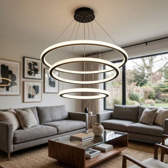 ACK 140W Çok Katlı (Halkalı) Devasa Dekoratif Sarkıt Avize 40x50x60 cm (Kalın 3 Katlı Halka) Siyah Kasa AL02-33001 - 2
