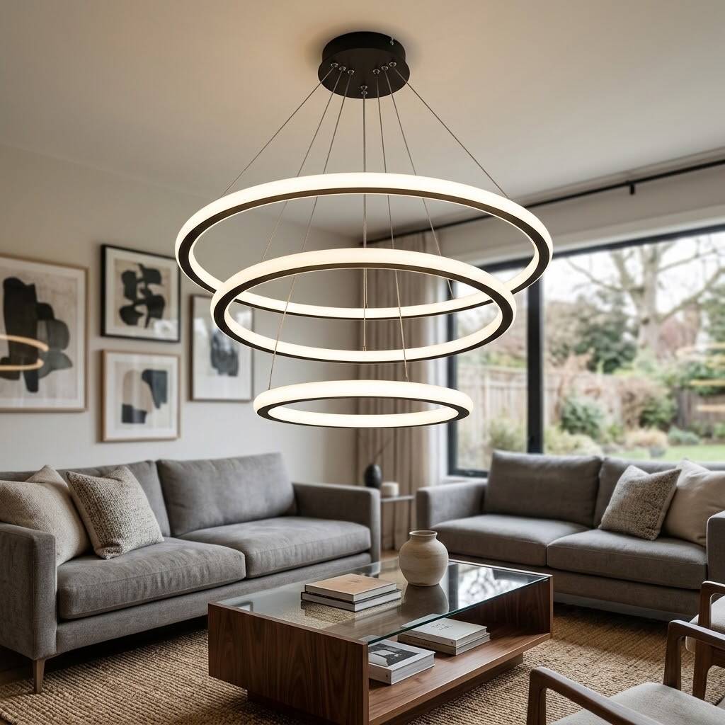 ACK 140W Çok Katlı (Halkalı) Devasa Dekoratif Sarkıt Avize 40x50x60 cm (Kalın 3 Katlı Halka) Siyah Kasa AL02-33001 - 2