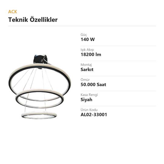 ACK 140W Çok Katlı (Halkalı) Devasa Dekoratif Sarkıt Avize 40x50x60 cm (Kalın 3 Katlı Halka) Siyah Kasa AL02-33001 - 4