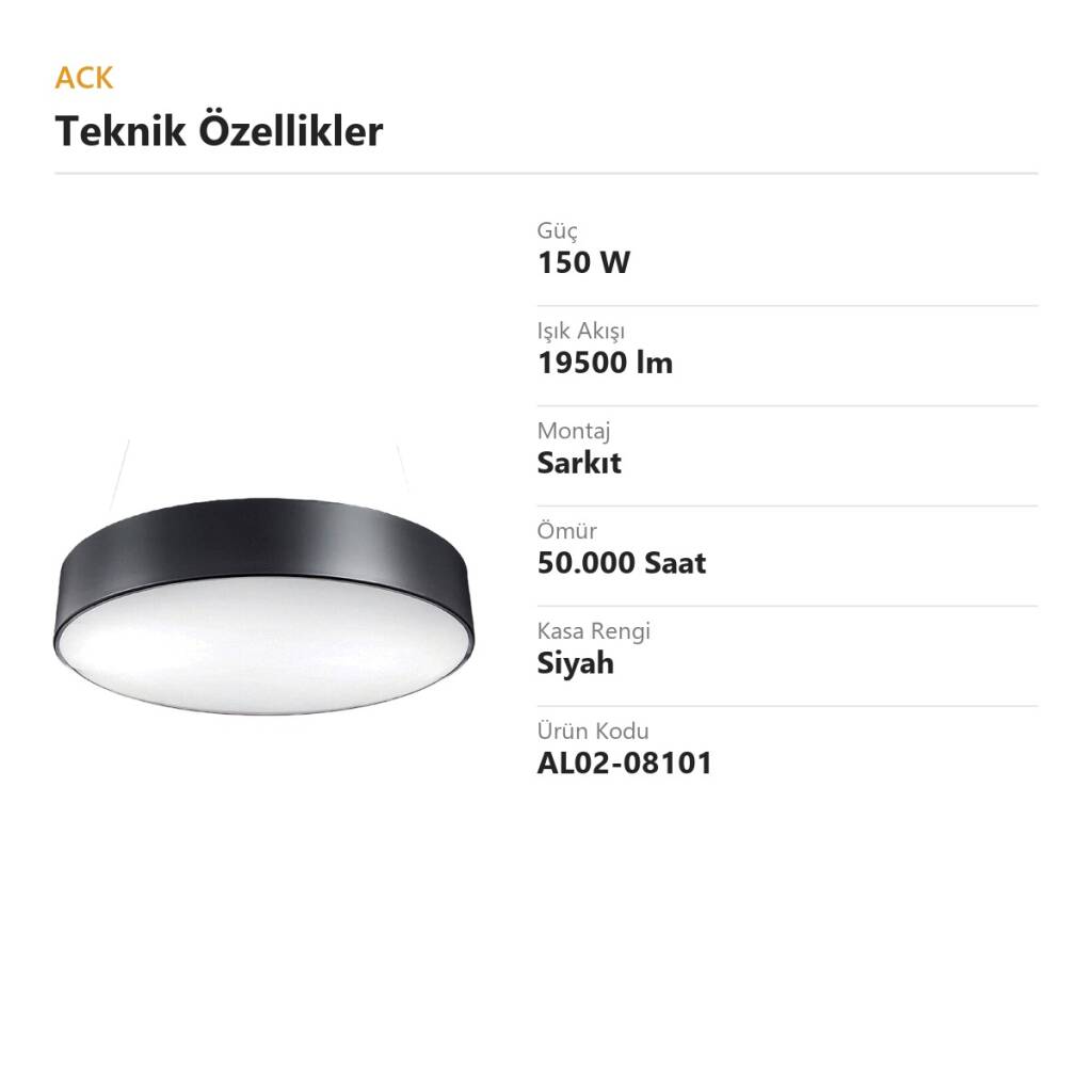 ACK 150W Geniş Çaplı Dekoratif Linear Sarkıt Armatür Ø100 cm Yuvarlak Dolu (Davul) Siyah Kasa AL02-08101 - 4