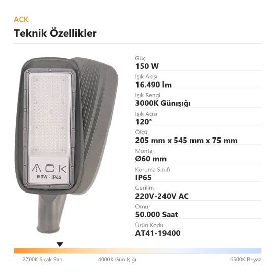 ACK 150W 3000K Günışığı 16.490 lm LED Sokak Armatürü (Gri) AT41-19400 - 4