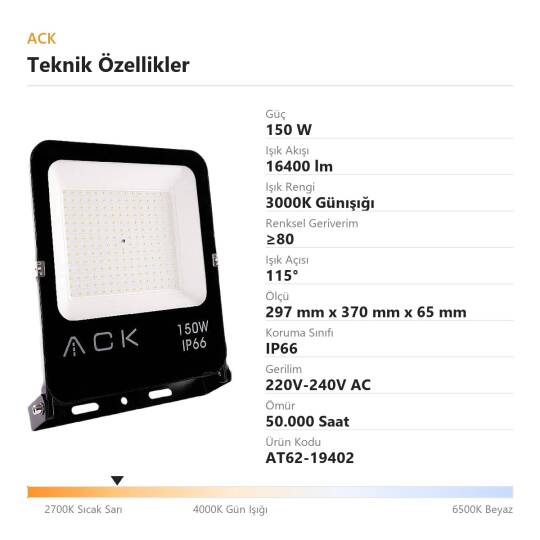 ACK 150W 3000K Günışığı LED Projektör AT62-19402 - 4