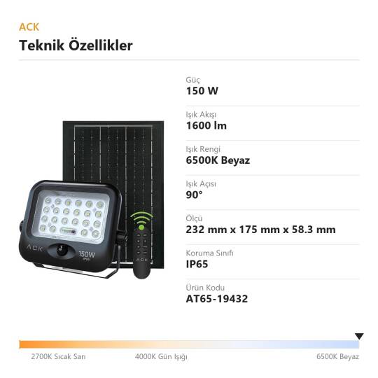 ACK 150W 6500K Beyaz Sensörlü Solar LED Projektör (Siyah) AT65-19432 - 4