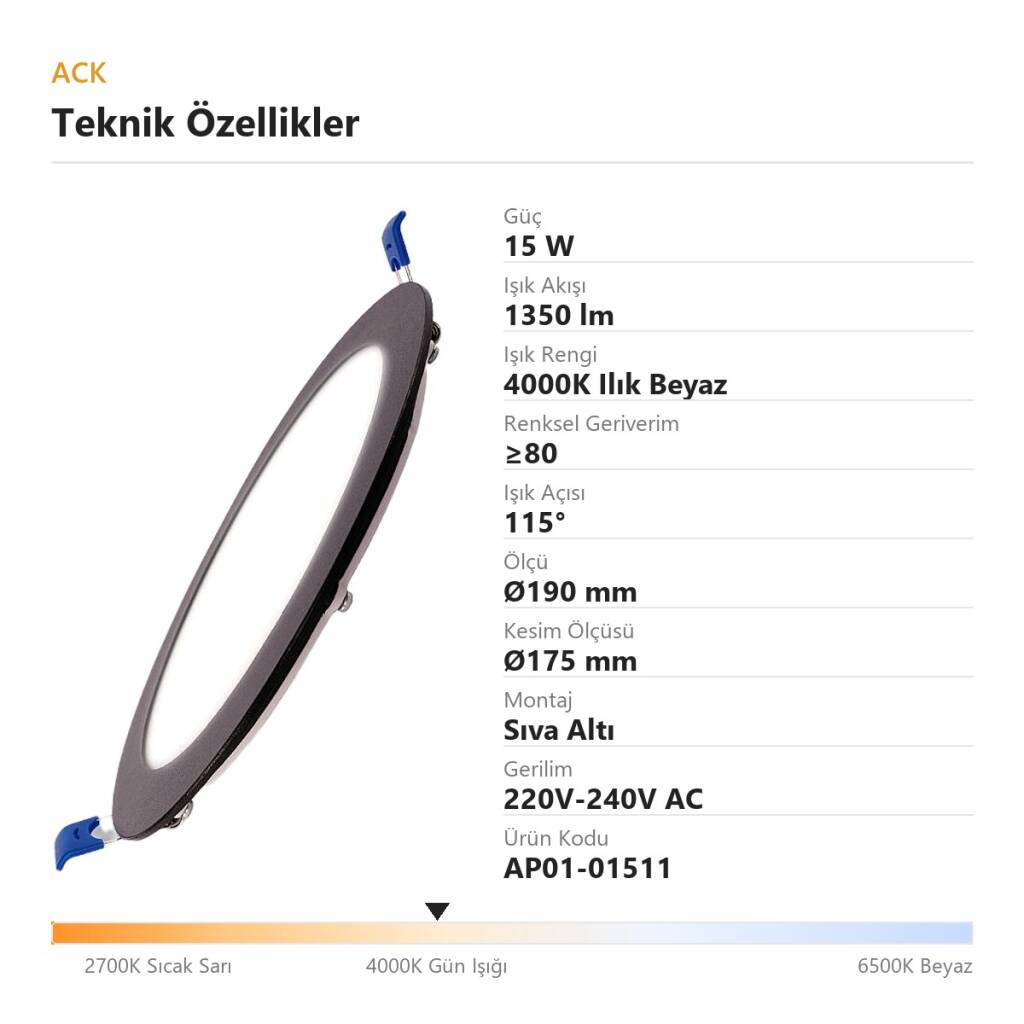 ACK 15W 4000K Ilık Beyaz 1350lm Sıva Altı Yuvarlak Led Panel (Ø190 mm Siyah Kasa) AP01-01511 - 4