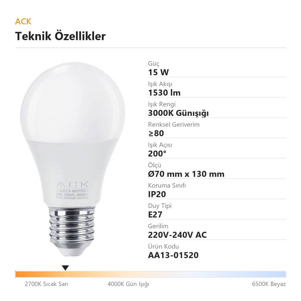 ACK 15W A70 Standart Tip E27 3000K Günışığı 1530 lm LED Ampul AA13-01520 - 4