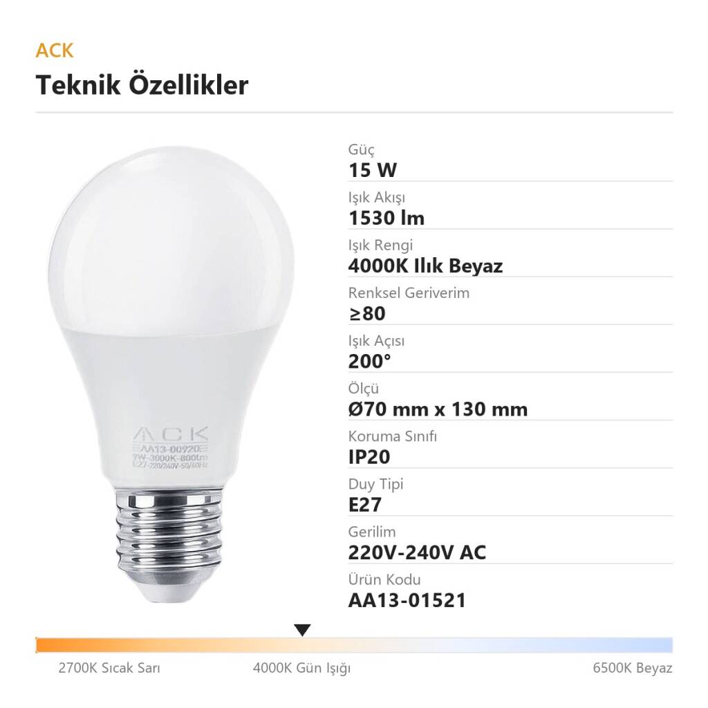 ACK 15W A70 Standart Tip E27 4000K Ilık Beyaz 1530 lm LED Ampul AA13-01521 - 4