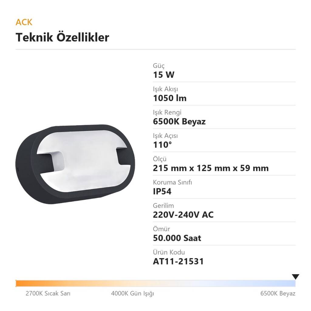 ACK 15W 6500K Beyaz 1050 lm Kare LED Bulkhead Armatür AT11-21531 - 4