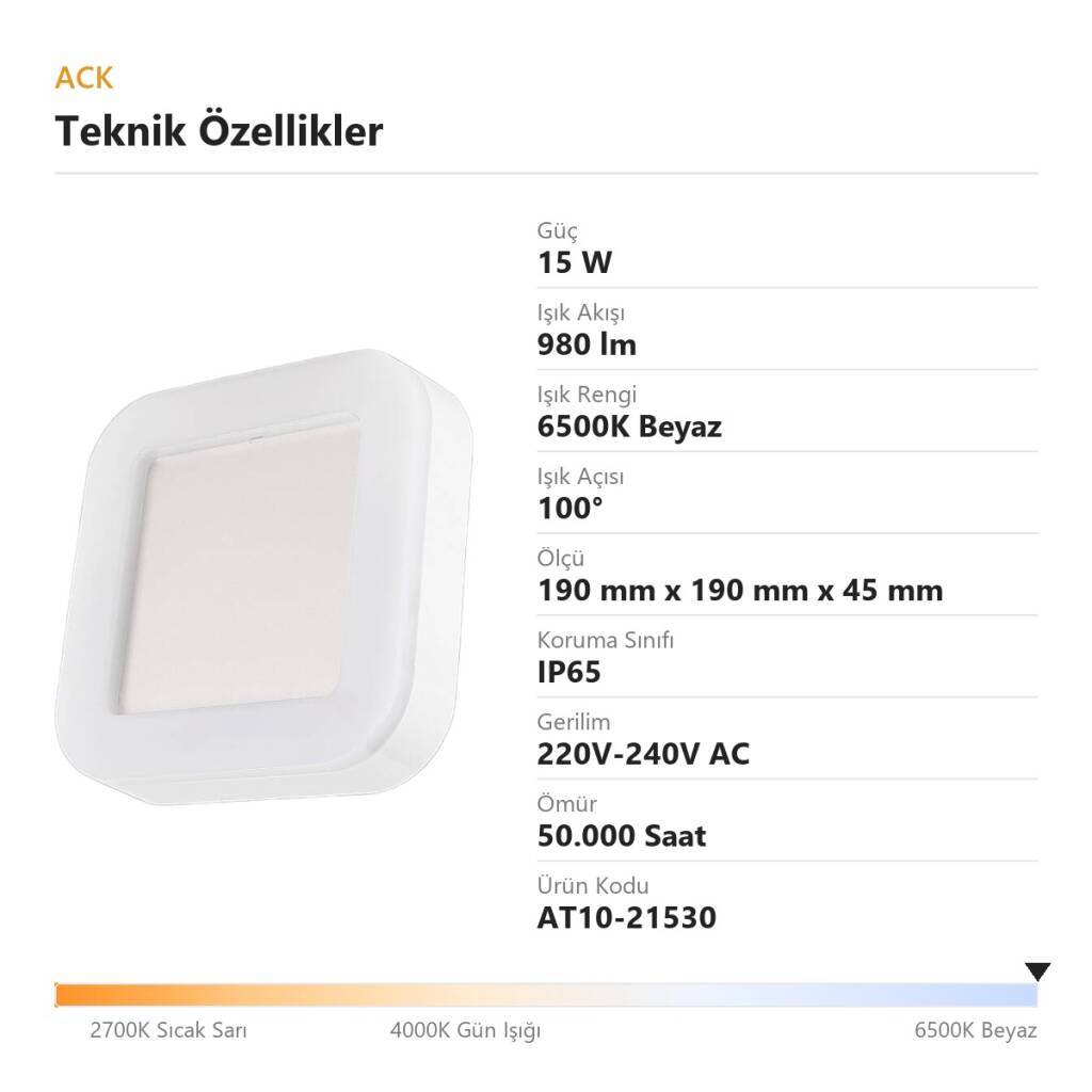 ACK 15W 6500K Beyaz 980 lm Kare LED Bulkhead Armatür (ABS Gövde) AT10-21530 - 4