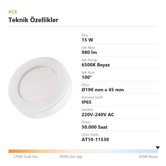 ACK 15W 6500K Beyaz 980 lm Yuvarlak LED Bulkhead Armatür (ABS Gövde) AT10-11530 - 4