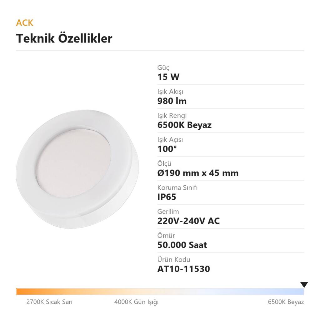 ACK 15W 6500K Beyaz 980 lm Yuvarlak LED Bulkhead Armatür (ABS Gövde) AT10-11530 - 4