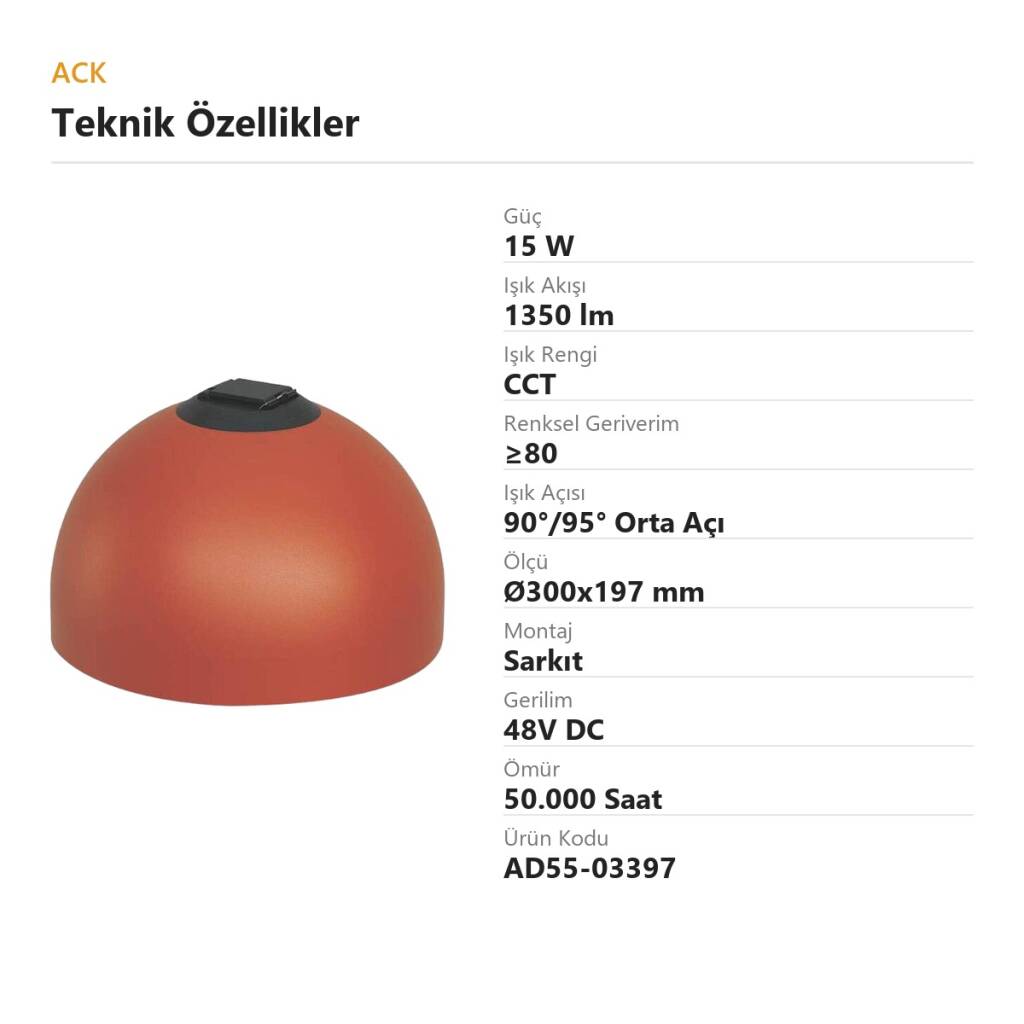 ACK 15W CCT (3 Renk) 48V Loomis Kemerli Sistem Armatürü Mantar Küre Sarkıt (Koyu Kırmızı (Dark Red)) AD55-03397 - 4
