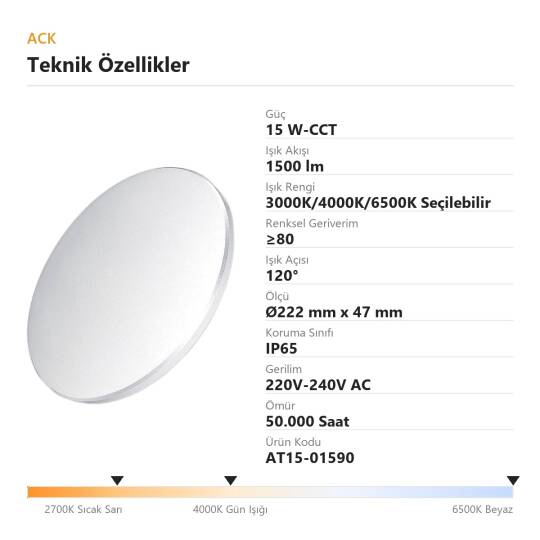ACK 15W-CCT Seçilebilir Renk Sıcaklıklı 1500 lm Ambiyans LED Duvar Apliği (Beyaz) AT15-01590 - 4
