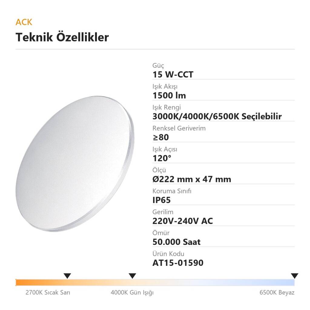 ACK 15W-CCT Seçilebilir Renk Sıcaklıklı 1500 lm Ambiyans LED Duvar Apliği (Beyaz) AT15-01590 - 4