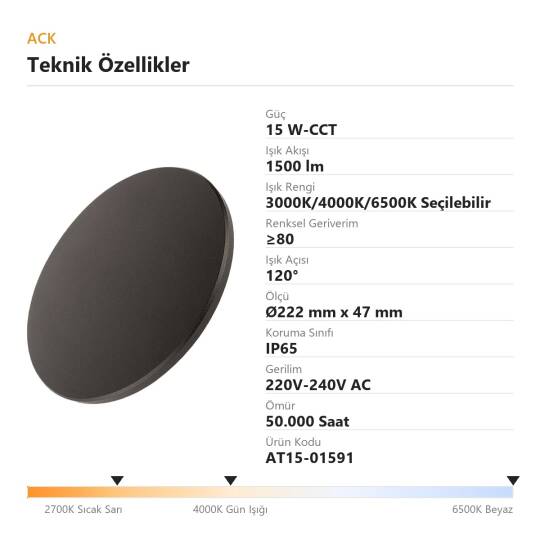 ACK 15W-CCT Seçilebilir Renk Sıcaklıklı 1500 lm Ambiyans LED Duvar Apliği (Siyah) AT15-01591 - 4