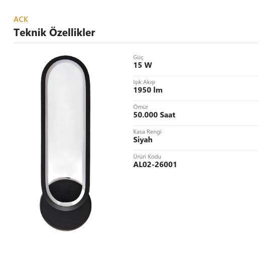 ACK 15W Dekoratif LED Linear Armatür 30 cm x 10 cm Oval (Hap) Siyah Kasa AL02-26001 - 4