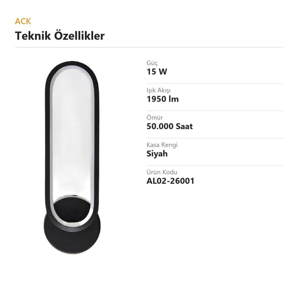 ACK 15W Dekoratif LED Linear Armatür 30 cm x 10 cm Oval (Hap) Siyah Kasa AL02-26001 - 4