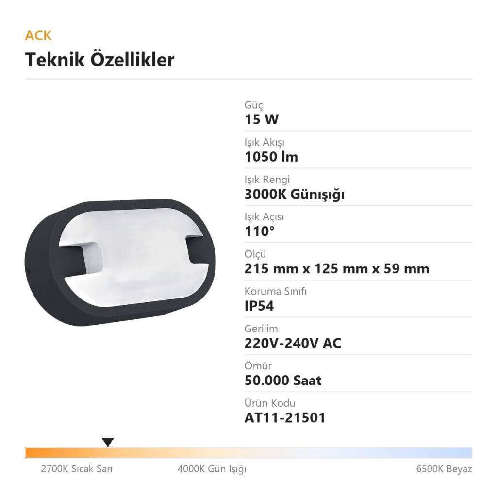 ACK 15W 3000K Günışığı 1050 lm Kare LED Bulkhead Armatür AT11-21501 - 4