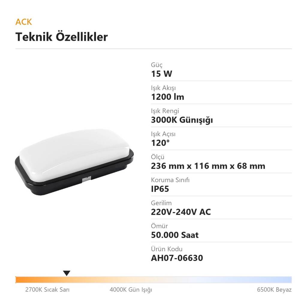 ACK 15W 3000K Günışığı 1200 lm LED Duvar/Tavan Armatürü AH07-06630 - 4