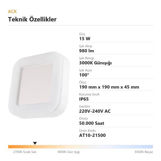 ACK 15W 3000K Günışığı 980 lm Kare LED Bulkhead Armatür (ABS Gövde) AT10-21500 - 4