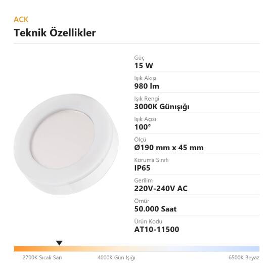 ACK 15W 3000K Günışığı 980 lm Yuvarlak LED Bulkhead Armatür (ABS Gövde) AT10-11500 - 4